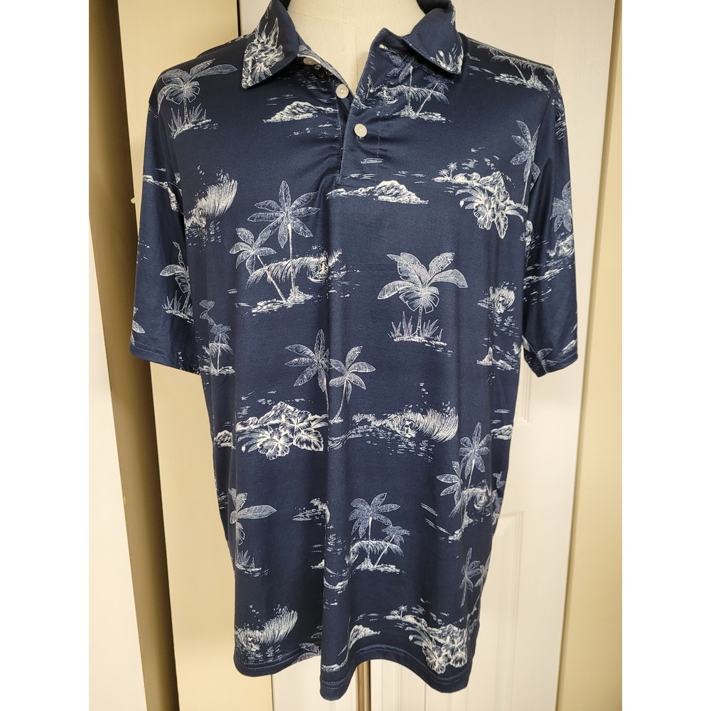 Palmwave Hawaii Mens Navy‎ Blue Tropical Surfing Palm Tree Polo Shirt Size L